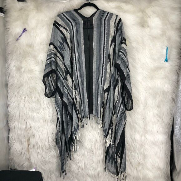 Big Buddha Boho Fringe Kimono Cardigan – Black Gray Striped Drape Open Front - Picture 6 of 7
